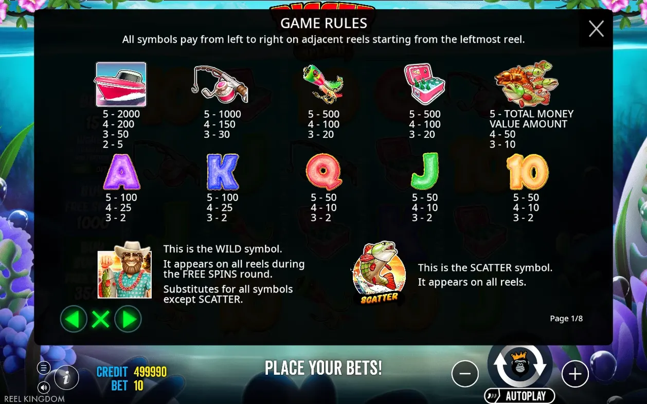 Stránka pravidiel 1/8 s výplatami lode, udice, návnady, chladničky, rýb, písmen, wild a scatter.