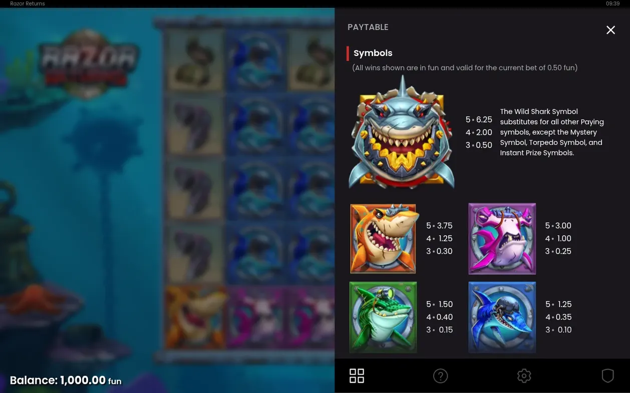 Paytable listing wild shark and four shark fish symbols with payouts for 3, 4 and 5 of a kind at 0.50 bet